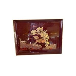 Vintage Otogiri maroon and gold lacquer bird tray Japan
